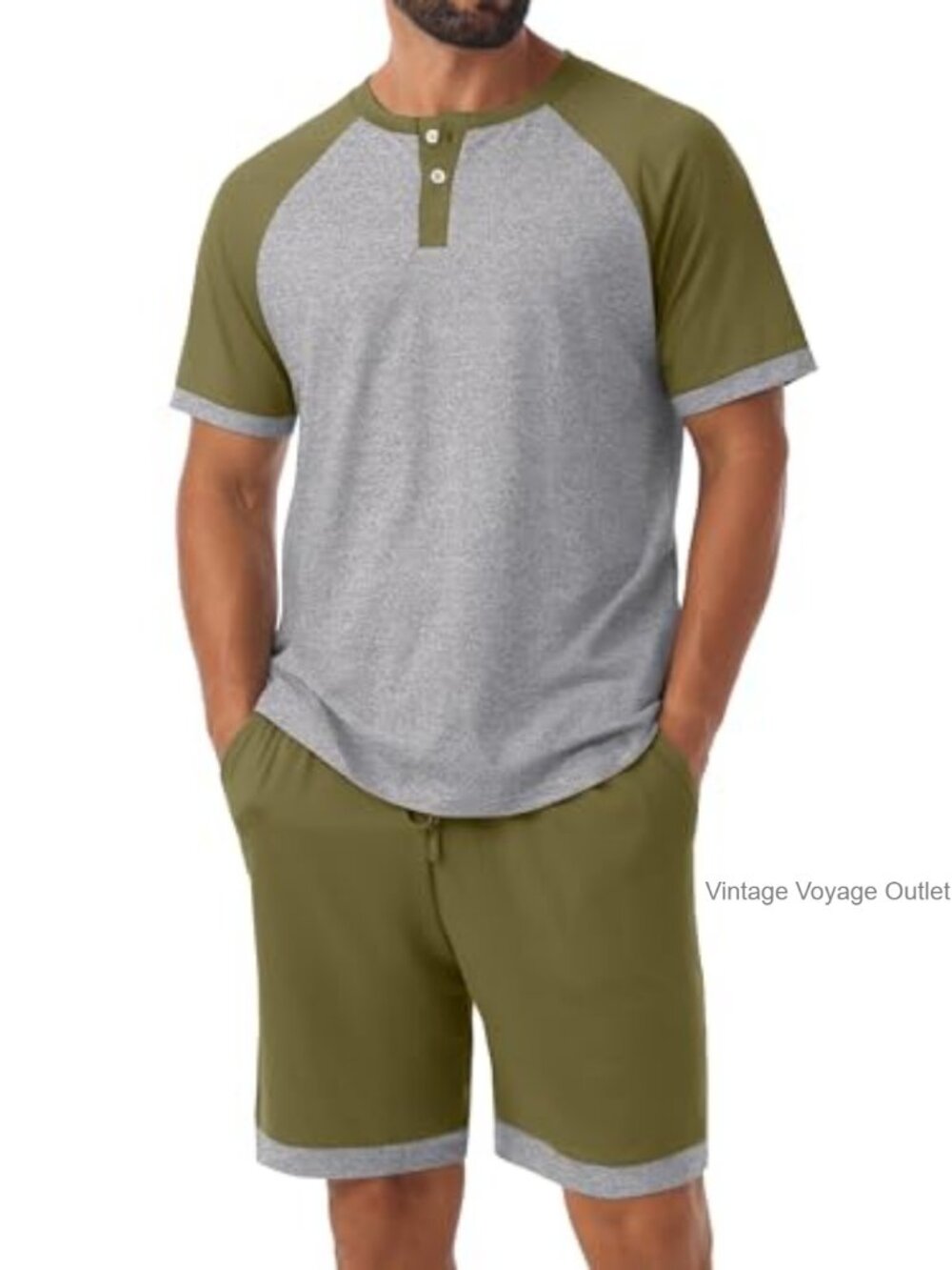Men's Henley Pajama Set 2 Piece Lounge Sleepwear Soft Polyester Spandex Summer